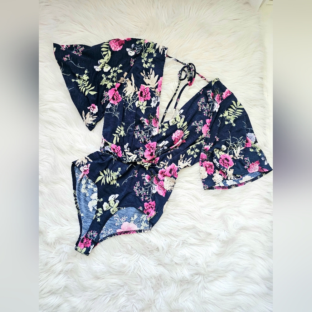 Flowy Sleeve Navy + Floral Faux Wrap Bodysuit